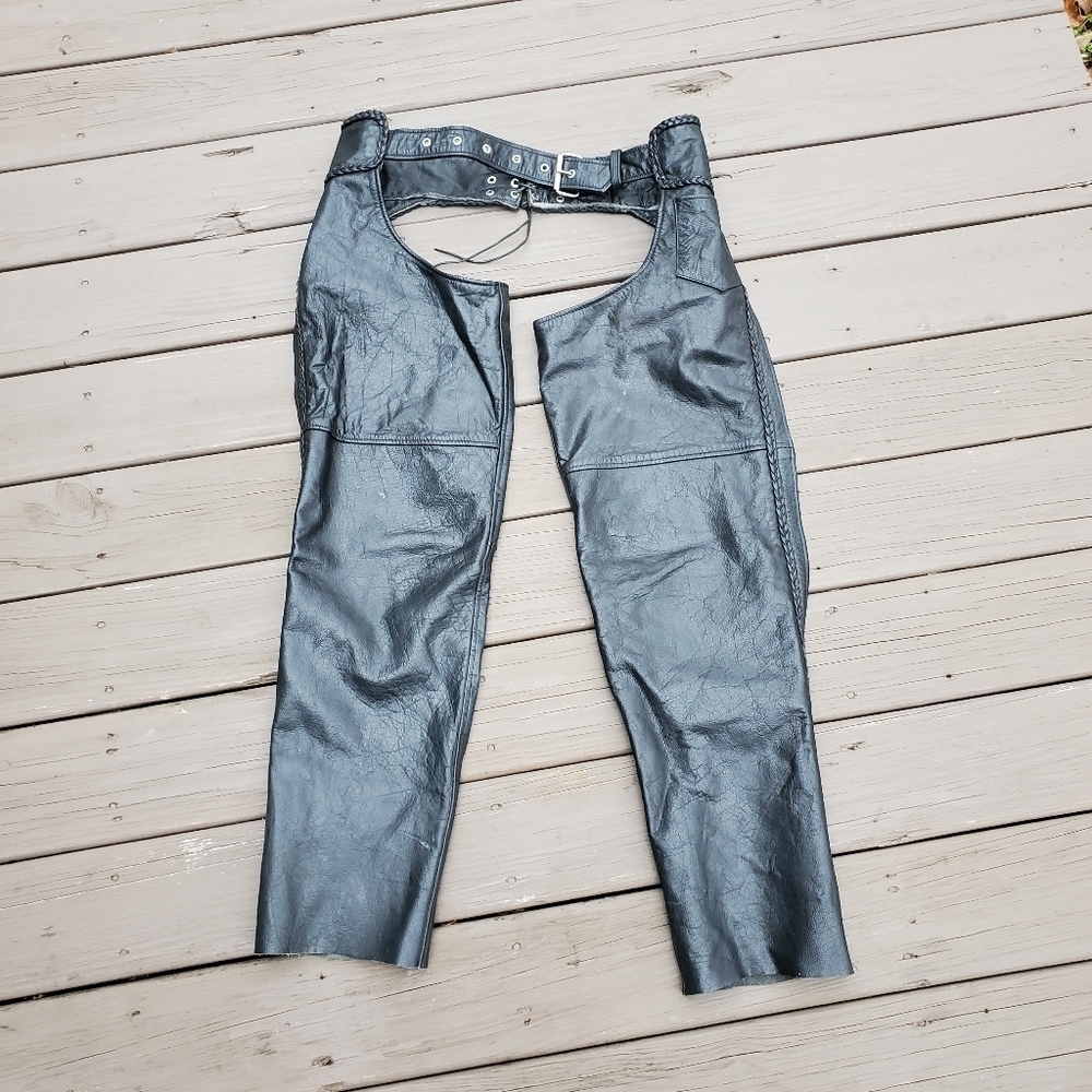 Vintage 90s y2k Unik Black Leather Moto Motorcycle Biker Adjustable Chaps‎ Lg